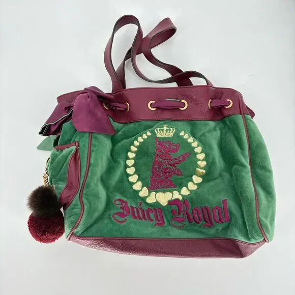 Vintage Juicy Couture Daydreamer Tote Bag Purse Royal Dog Bow Pompom Pin Charm - Picture 2 of 11